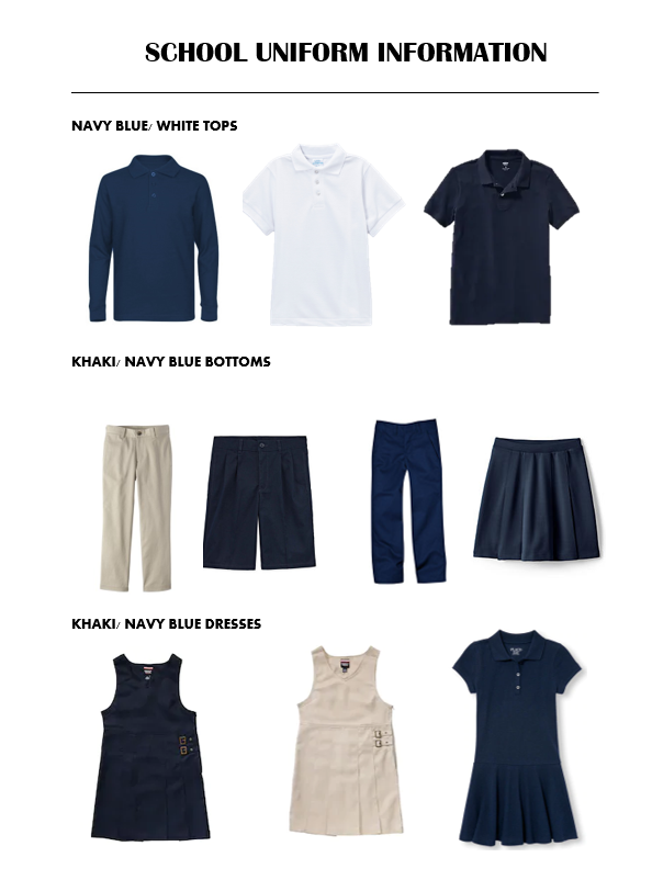 Image showing examples of navy and white tops, khaki and navy blue bottoms, and khaki and navy blue dresses