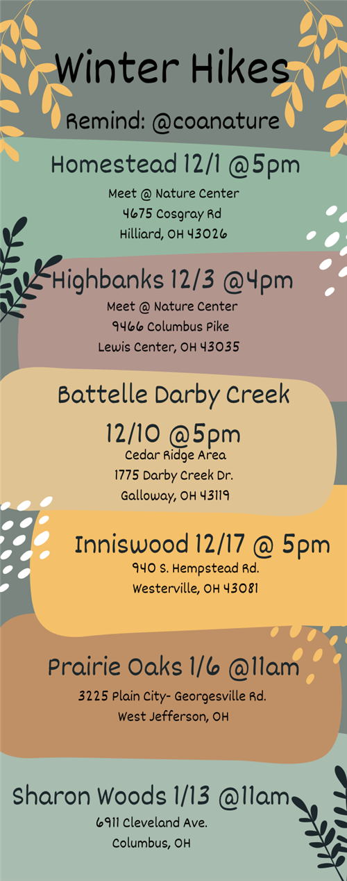 Winter Hikes 12/1/23 through 1/13/24