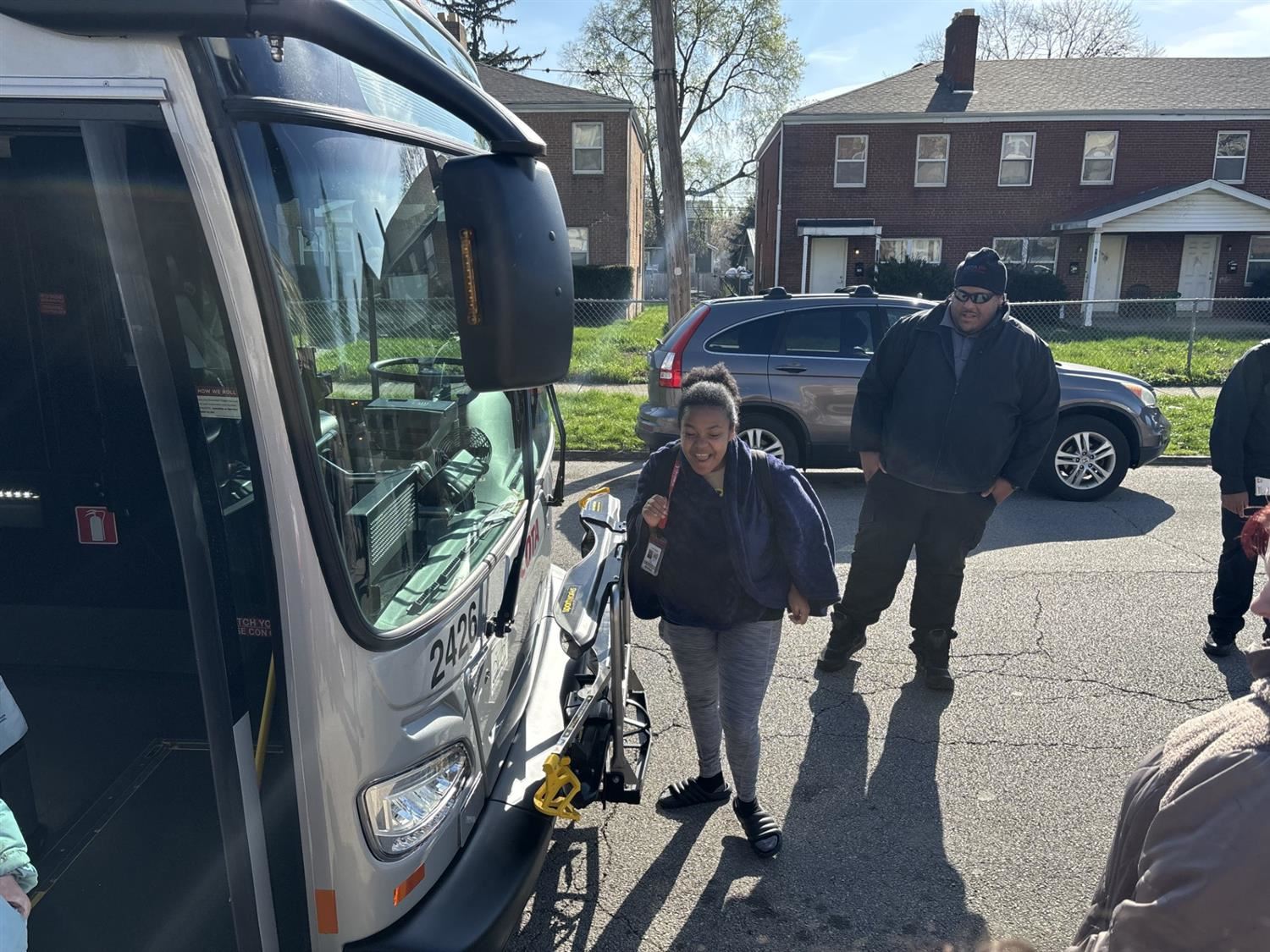 student excited with bus